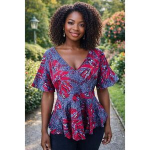 Mae Otti 2xl women's African print peplum blouse red blue floral pattern flutter